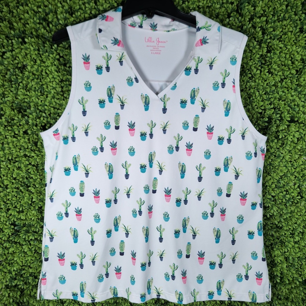 Lilly Pulitzer White Sleeveless Polo Tank with Cactus Print